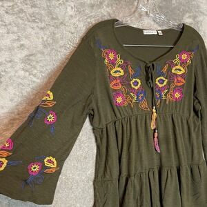 Hannah Women Embroidered Floral Tiered Top L Boho Tassels Tie Neck Olive Green